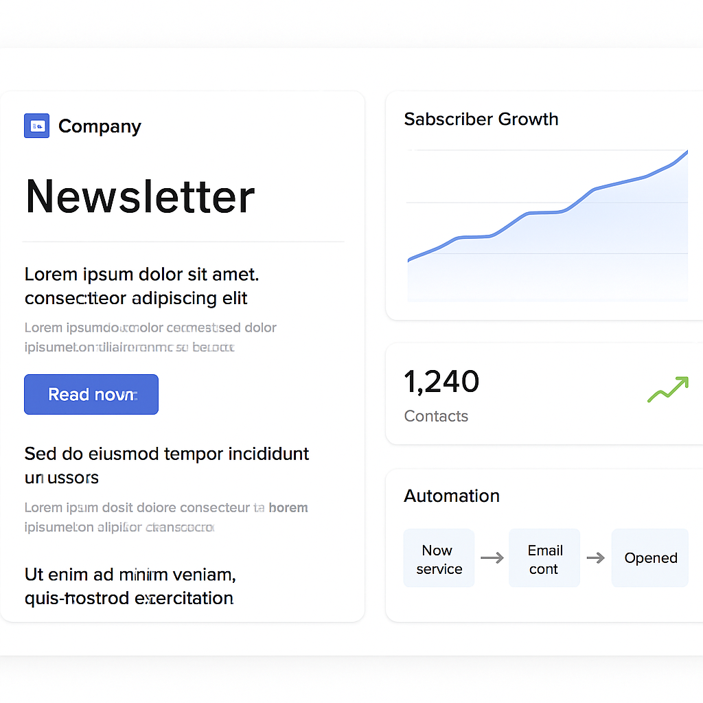 Newsletter dashboard with email editor, subscriber growth and automation flow